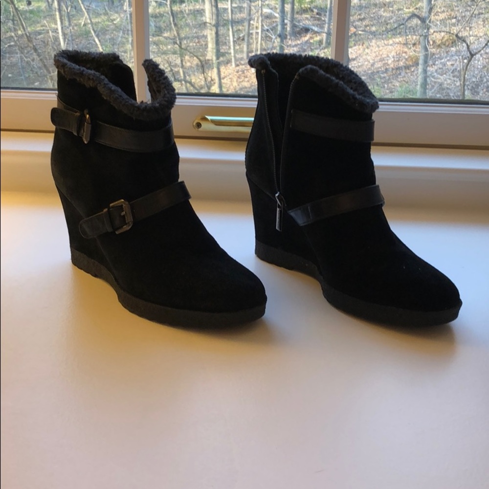 Aquatalia black suede side zip wedge booties